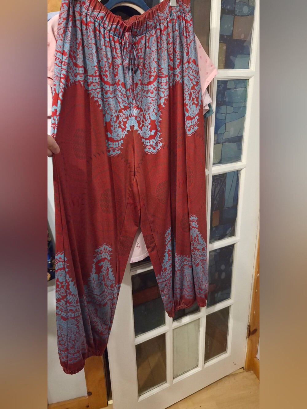 SHEIN Red & Light Blue Harem Joggers with Elastic Waist and Ankles